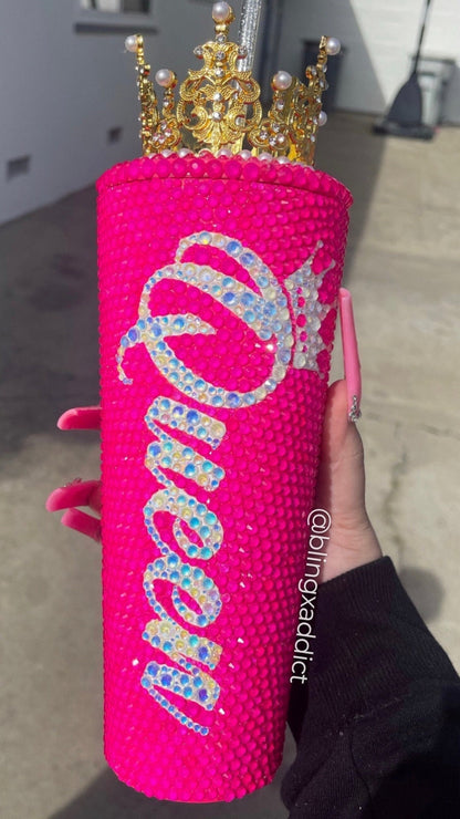 Queen Tingz Tumbler: Neon Pink Crystal Bling Cup with Crown & Straw