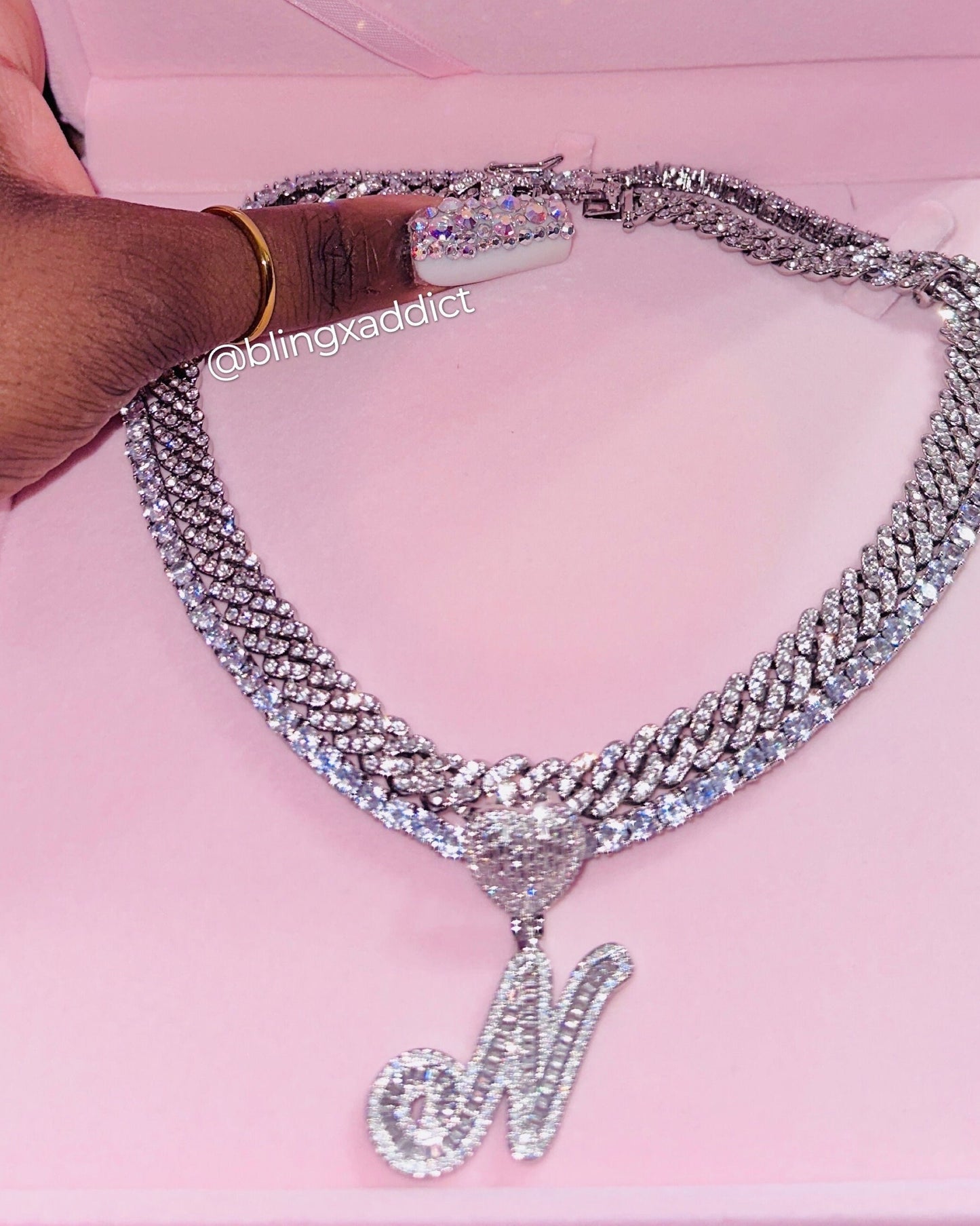 Memorized Love Scripted Personalized Heart Tennis Chain & Cuban Link Necklace Set