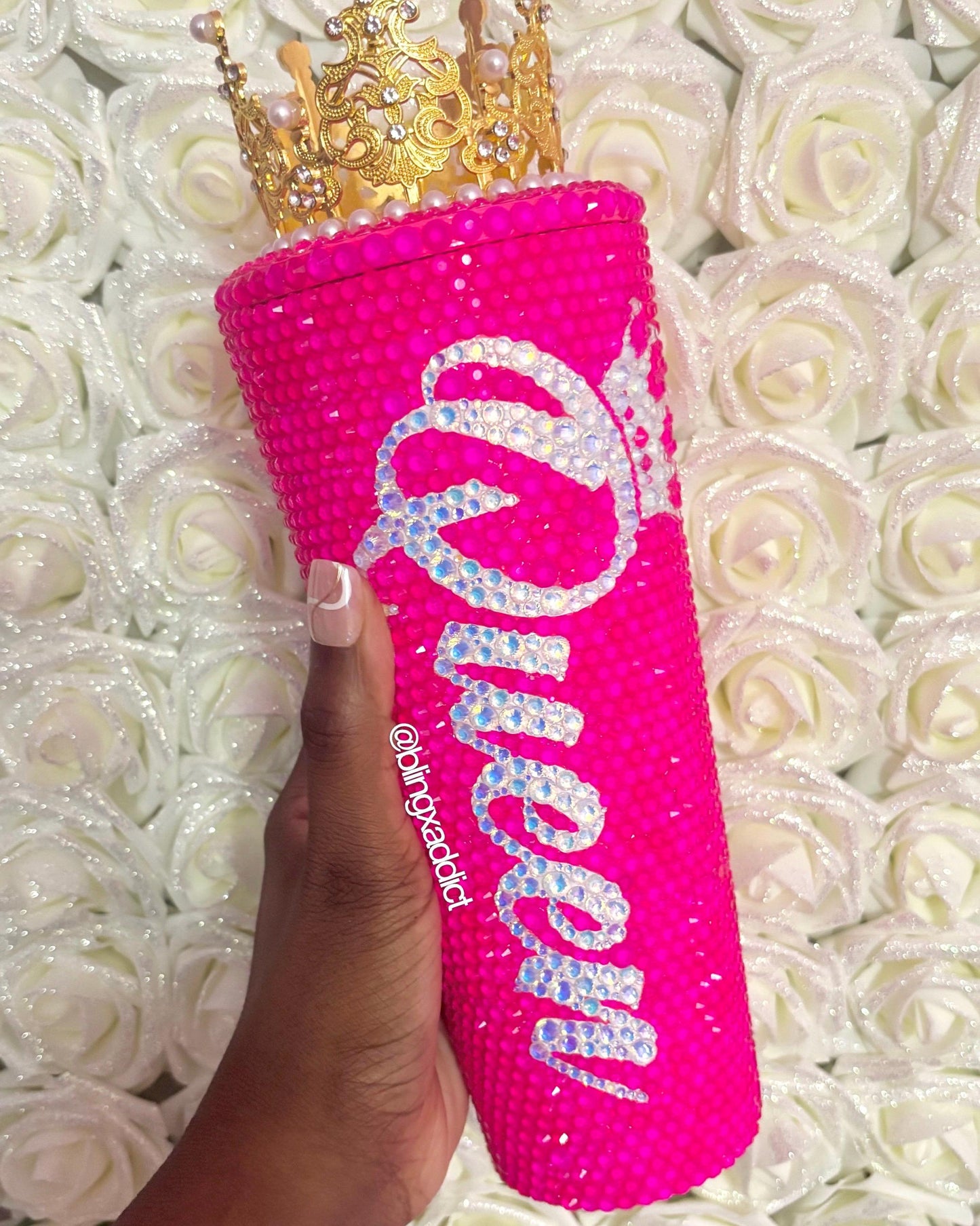 Queen Tingz Tumbler: Neon Pink Crystal Bling Cup with Crown & Straw