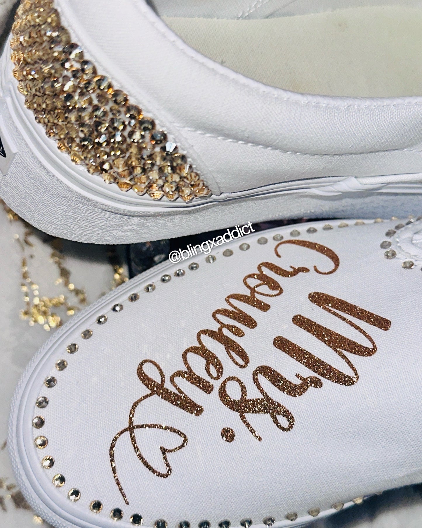 Custom Crystal Border Bling Vans Women’s Classic Slip-Ons