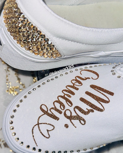 Custom Crystal Border Bling Vans Women’s Classic Slip-Ons