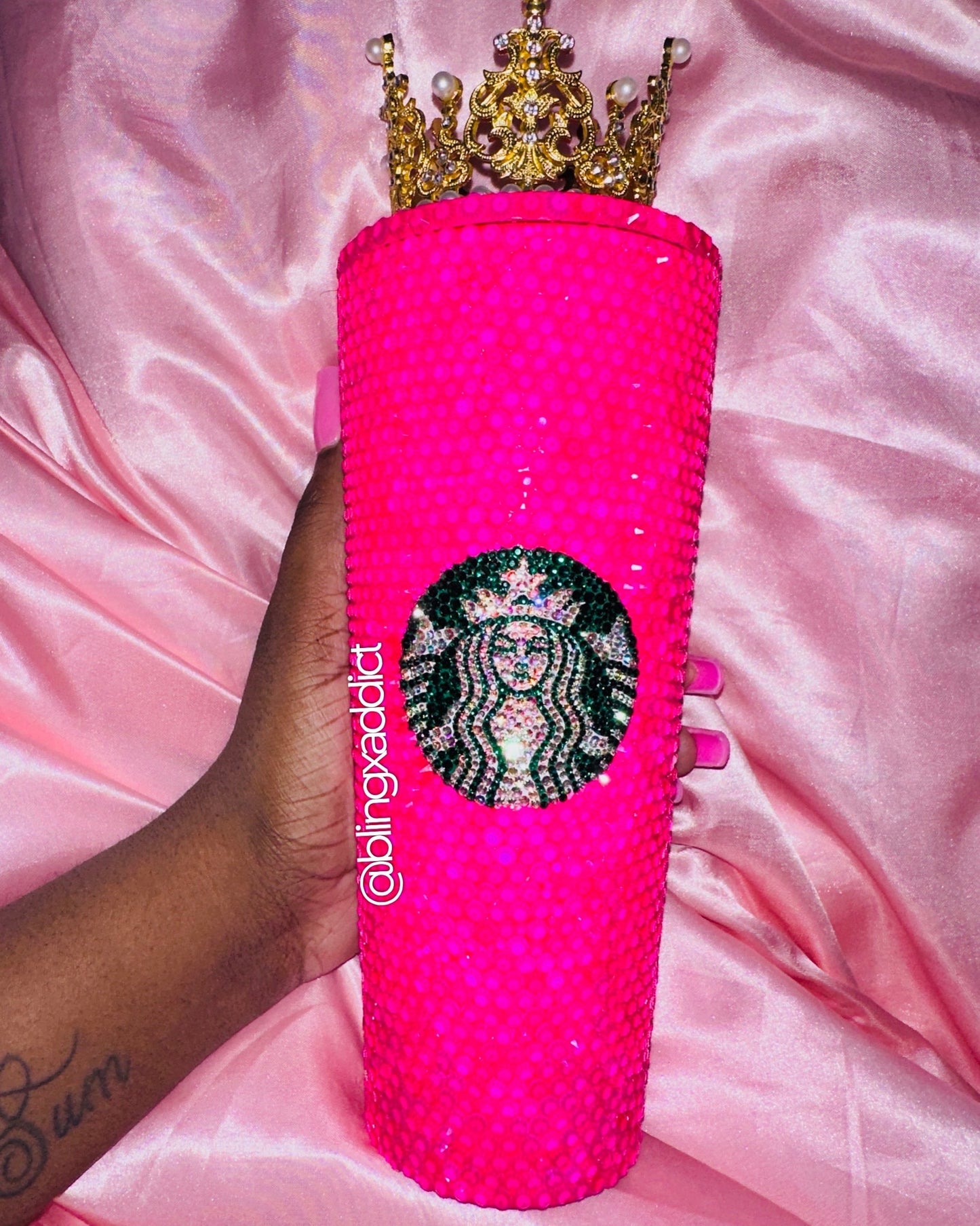 Queen Tingz Tumbler: Neon Pink Crystal Bling Cup with Crown & Straw