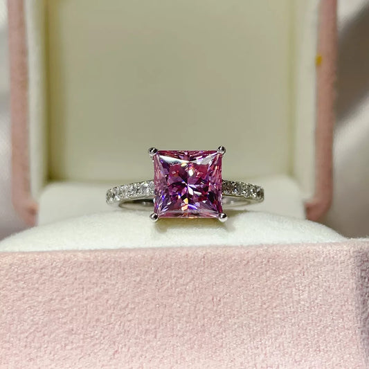 Pink Prestige 2 Carat Pink Princess Cut Moissanite Ring | 925 Sterling Silver Solitaire Ring - Bling Addict