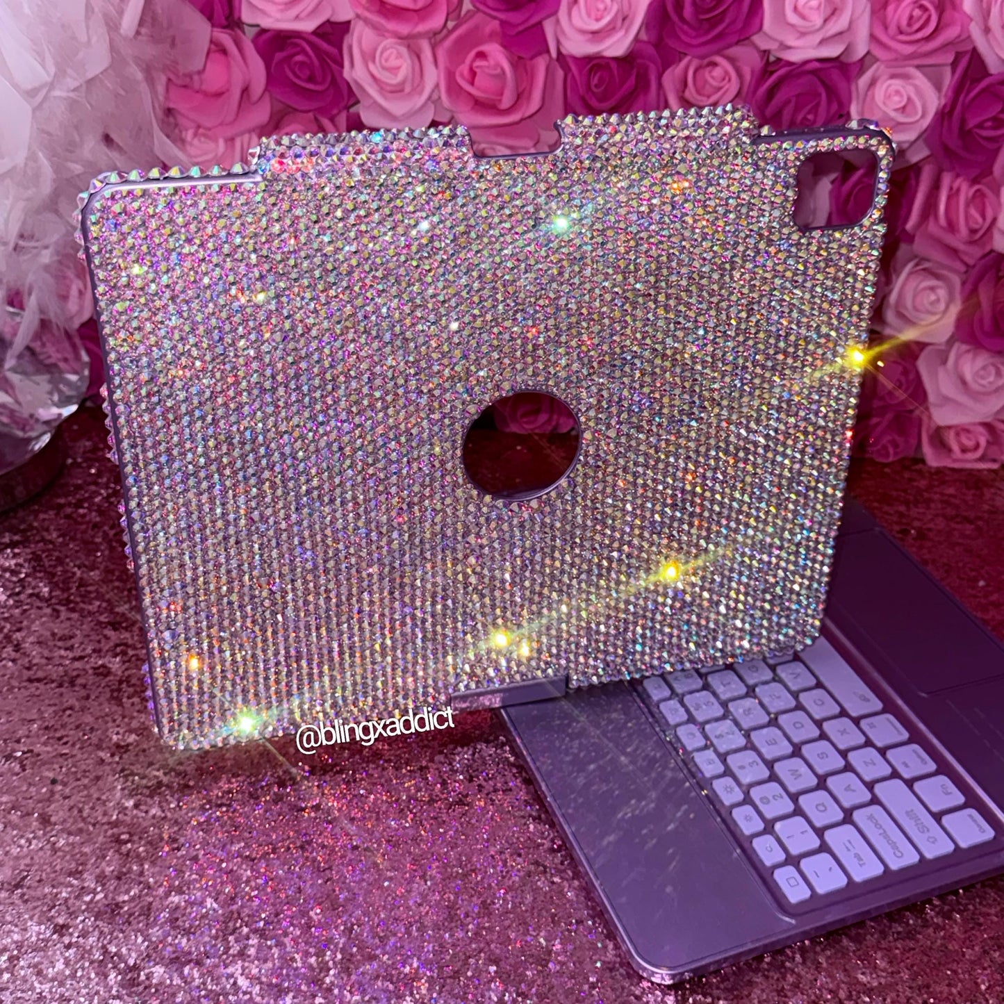 Custom Bling iPad Keyboard Case | 360 Rotating RGB Backlit Keyboard | Luxury Sparkly  Bedazzled Tablet Cover | Handmade iPad Accessory