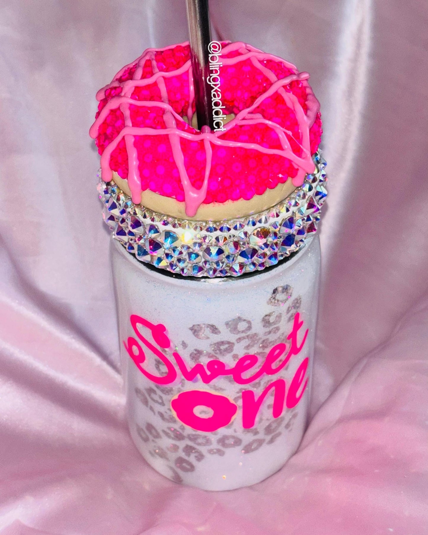 Sweet One Mason Jar Tumbler with Crystals | Bling Donut Cup | 16oz Insulated Metal Drinkware