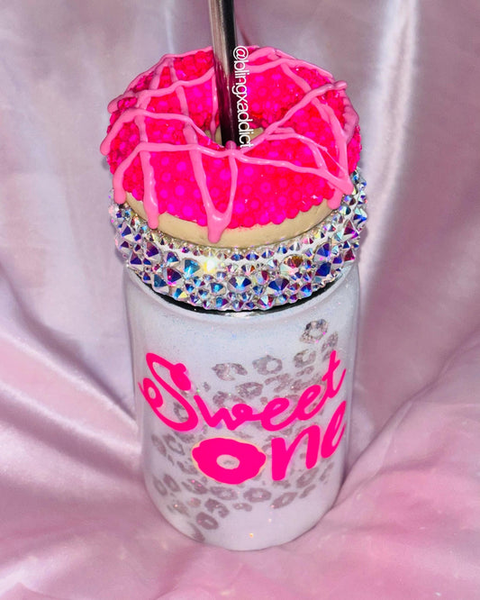 Sweet One Mason Jar Tumbler with Crystals | Bling Donut Cup | 16oz Insulated Metal Drinkware