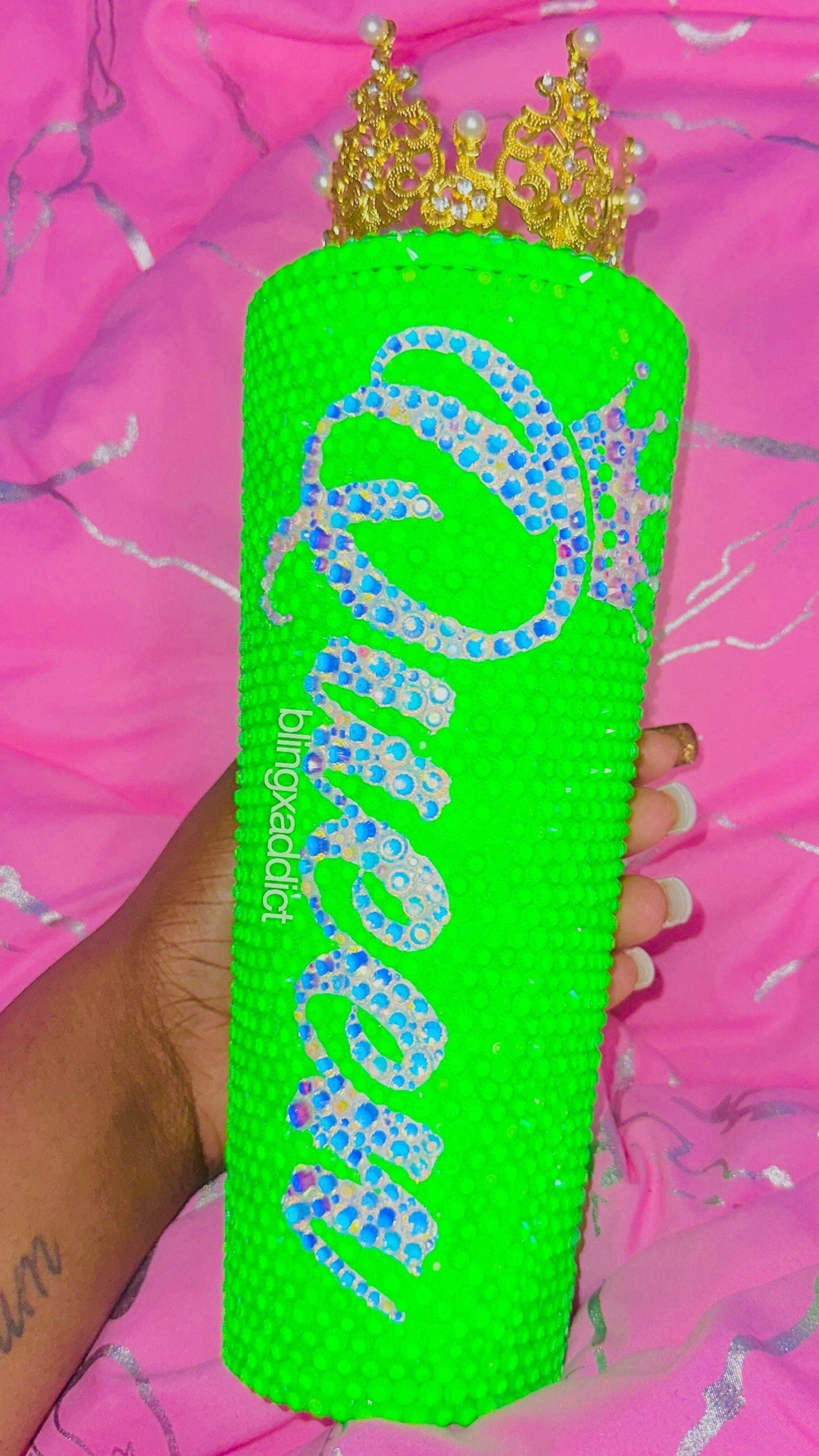 Queen Tingz - Neon Green Crown Crystal Starbucks Tumbler Cup