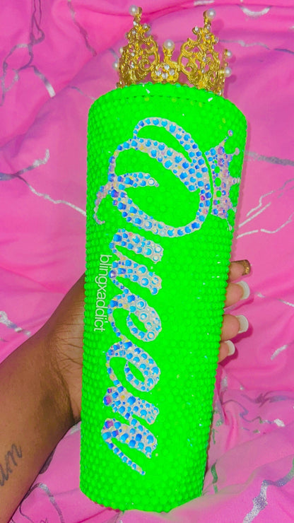 Queen Tingz - Neon Green Crown Crystal Starbucks Tumbler Cup