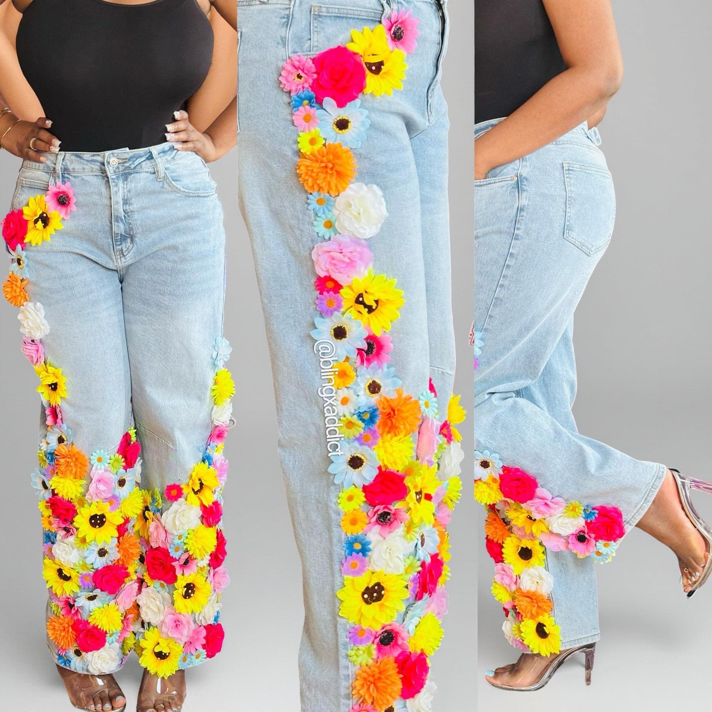 Bloomed & Bedazzled Custom Flower Denim Jeans| Handmade Bling Statement Pants | Unique Fashion Apparel S-3X