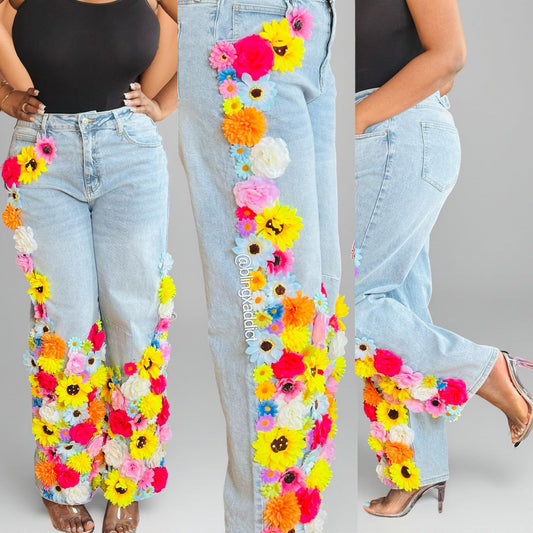 Bloomed & Bedazzled Custom Flower Denim Jeans| Handmade Bling Statement Pants | Unique Fashion Apparel S-3X