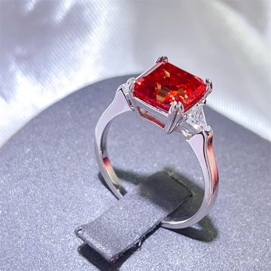 Crimson Royale 3 Carat Red Princess Cut Moissanite Ring | Platinum-Plated 925 Sterling Silver Statement Ring - Bling Addict