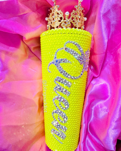 Queen Tingz Neon Yellow Crown Crystal Starbucks Tumbler Cup