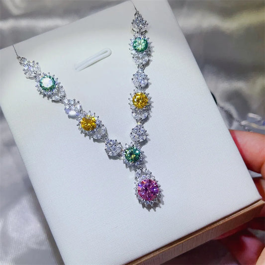 Celestial Garden 3.5 Carat Multicolor Moissanite Necklace | 925 Sterling Silver Halo Necklace - Bling Addict