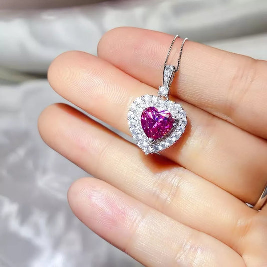 upid's Halo 1 Carat Pink Heart Moissanite Necklace | 925 Sterling Silver Heart Pendant Necklace - Bling Addict