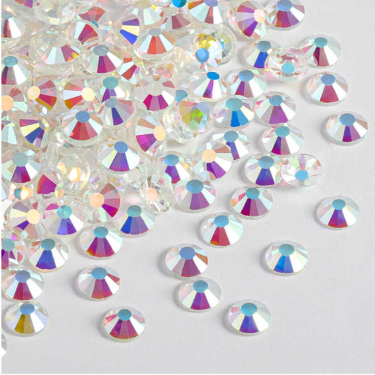 Transparent AB Glass Rhinestones | Clear Iridescent No-Foil Flatback Rhinestones | SS3 SS4 SS6 SS8 SS10 SS16 SS20 SS30 | 288–1,440 Pieces