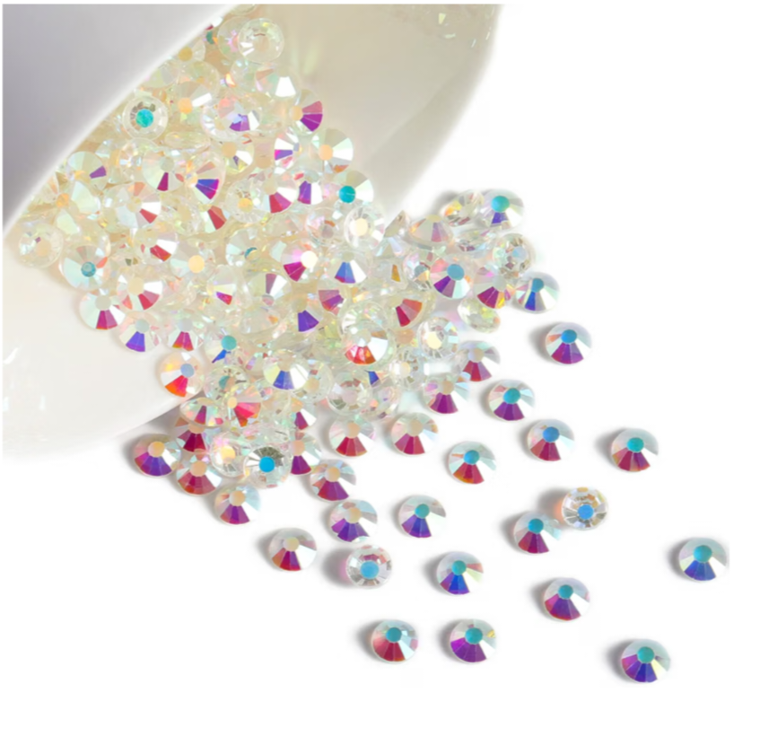 Transparent AB Glass Rhinestones | Clear Iridescent No-Foil Flatback Rhinestones | SS3 SS4 SS6 SS8 SS10 SS16 SS20 SS30 | 288–1,440 Pieces