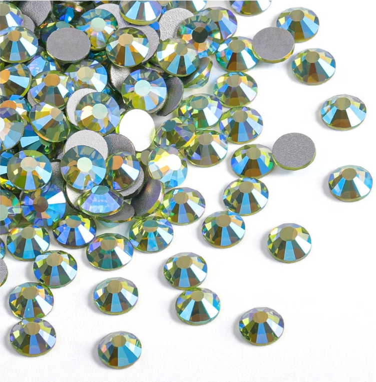 Peridot AB Glass Rhinestones | Light Green Iridescent Flatback Rhinestones