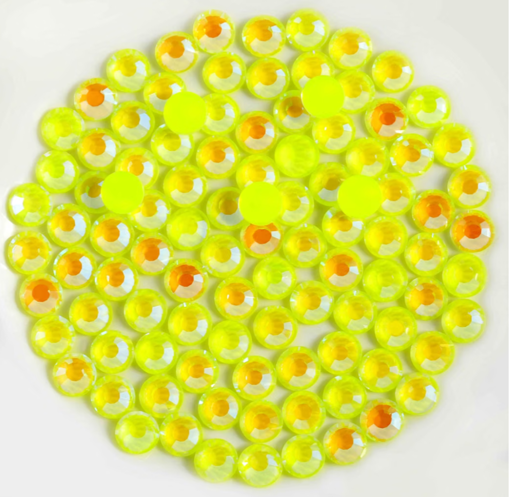 Luminous Yellow AB Glass Rhinestones | Neon Yellow Iridescent Flatback Rhinestones | SS6 SS10 SS16 SS20 SS30 | 288–1,440 Pieces
