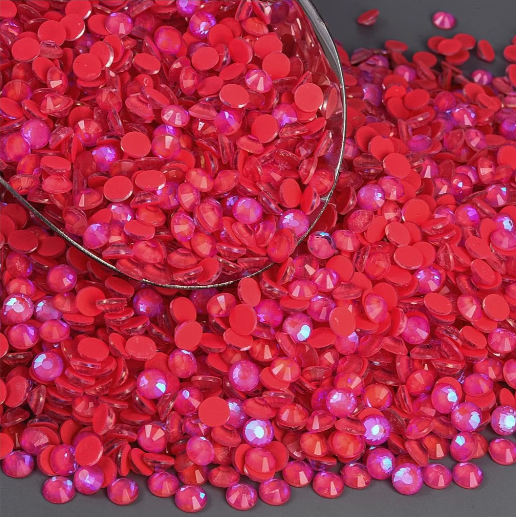 Luminous Red Glass Rhinestones | Neon Red Iridescent Flatback Rhinestones