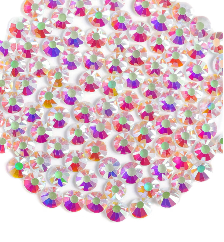 Transparent AB Glass Rhinestones | Clear Iridescent No-Foil Flatback Rhinestones | SS3 SS4 SS6 SS8 SS10 SS16 SS20 SS30 | 288–1,440 Pieces