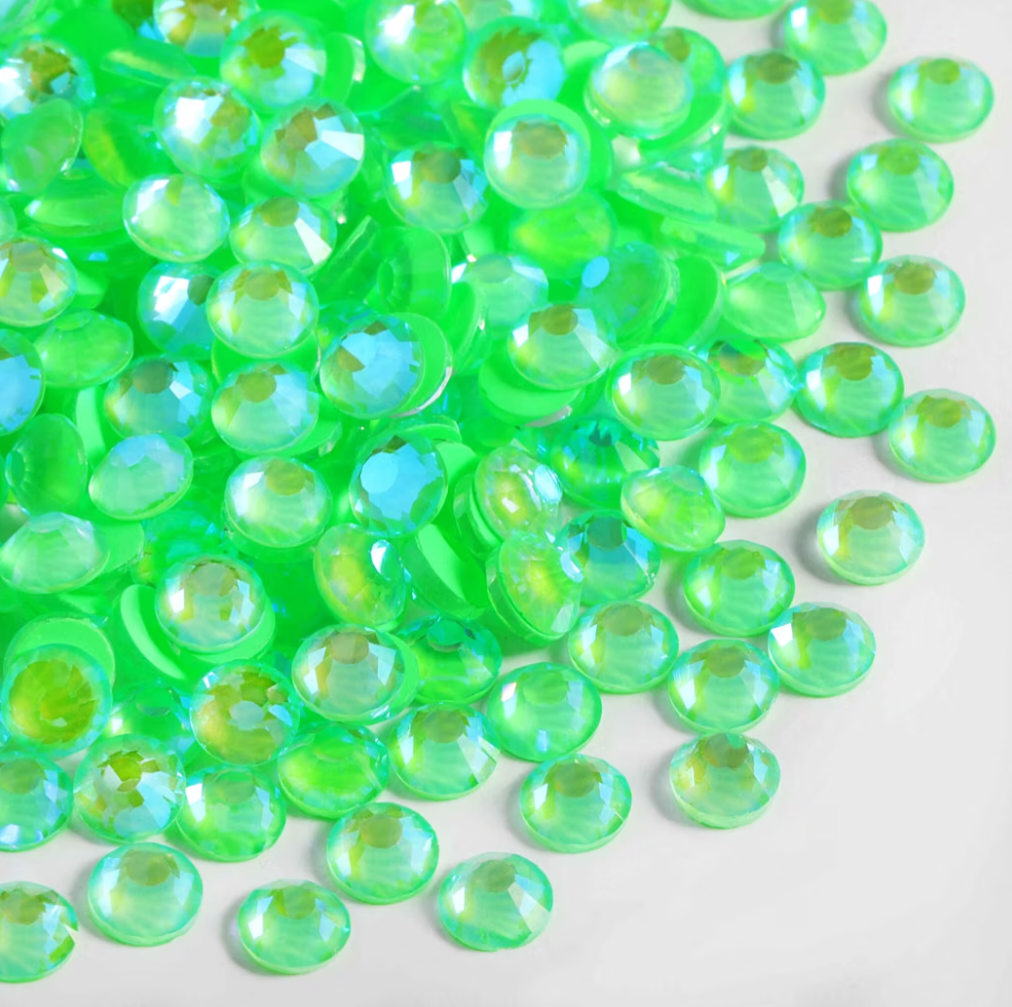 Luminous Green AB Glass Rhinestones | Neon Green Iridescent Flatback Rhinestones | SS6 SS10 SS16 SS20 SS30 | 288–1,440 Pieces