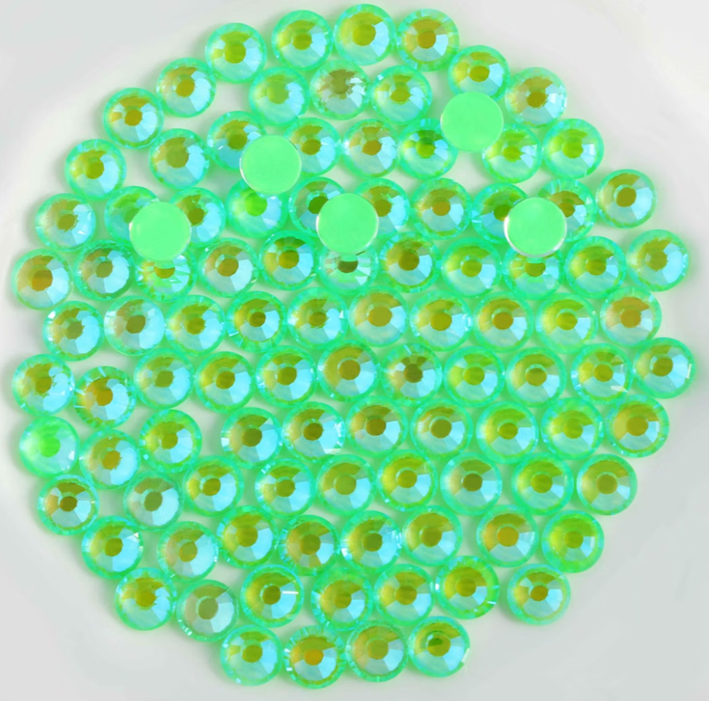 Luminous Green AB Glass Rhinestones | Neon Green Iridescent Flatback Rhinestones | SS6 SS10 SS16 SS20 SS30 | 288–1,440 Pieces