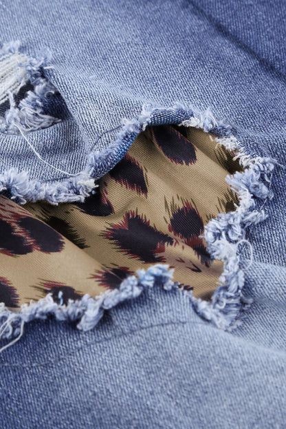 She’s Wild- Leopard Patchwork Distressed Jeans Blue Outerwear by Trendsi | BlingxAddict